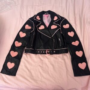 Sugar Thrillz Black Leather Jacket with Pink Heart Accents